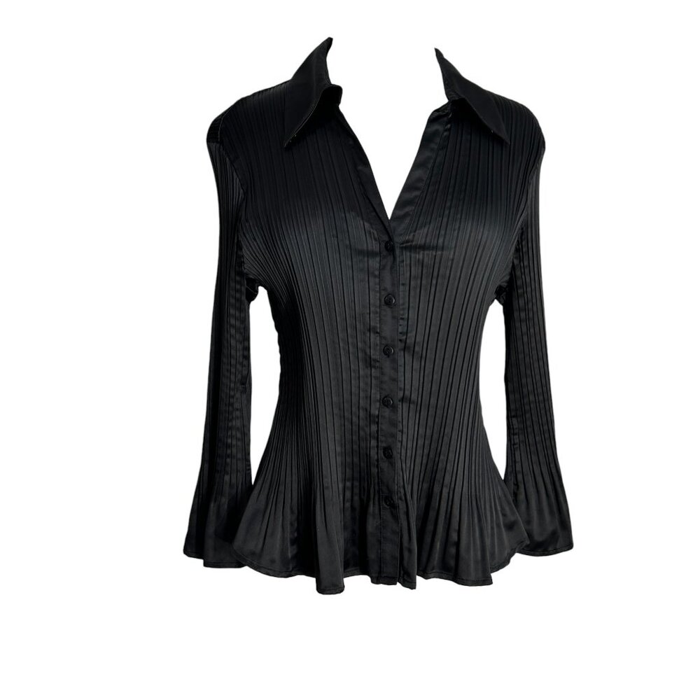Sunny Taylor Blouse Petite Large Black Crinkle Satin Long Sleeve Dressy